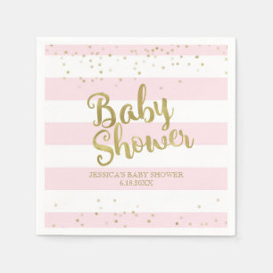 Serviette En Papier Faux Gold Foil, Pink Stripes Baby shower Girl