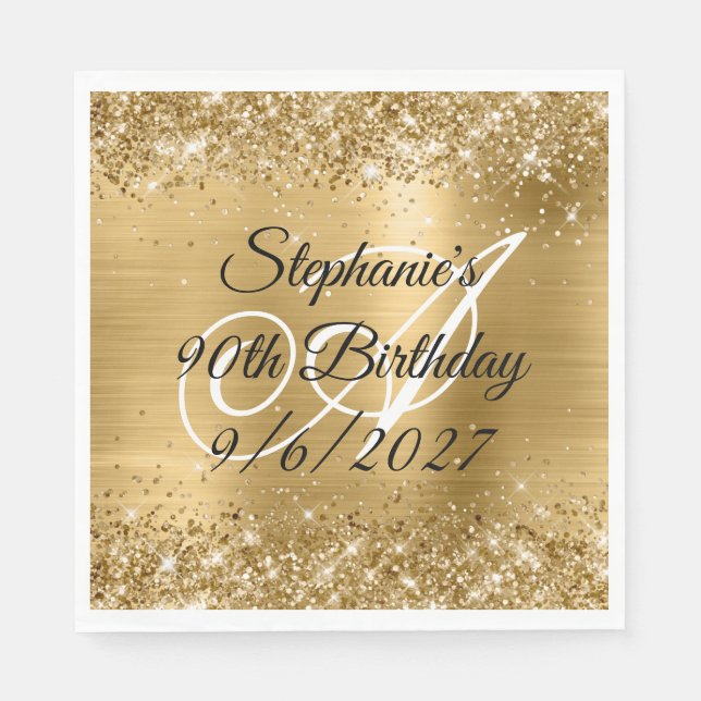 Serviette En Papier Faux Gold Parties scintillant et Foil 90e annivers (Devant)