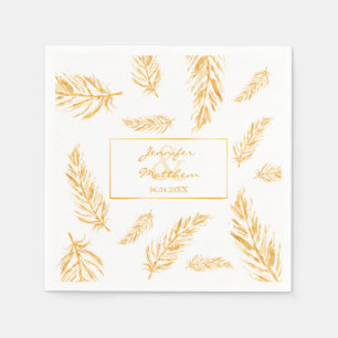 Serviette En Papier Faux Golden Yellow Feathers & Mariage Couple Names