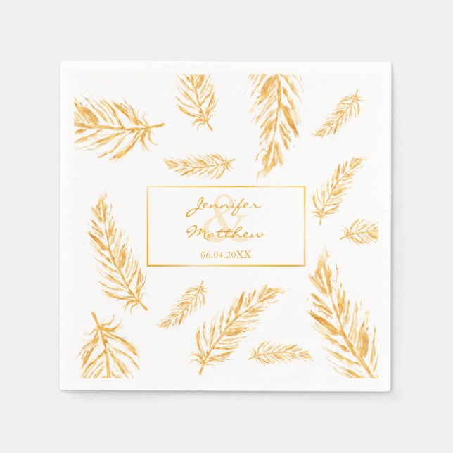 Serviette En Papier Faux Golden Yellow Feathers & Mariage Couple Names (Devant)