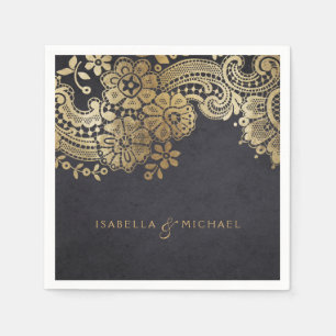 Serviette En Papier Faux or noir élégant vintage dentelle mariage