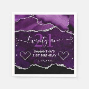 Serviette En Papier Faux Pailleté Agate Marbre Violet et Argent Annive
