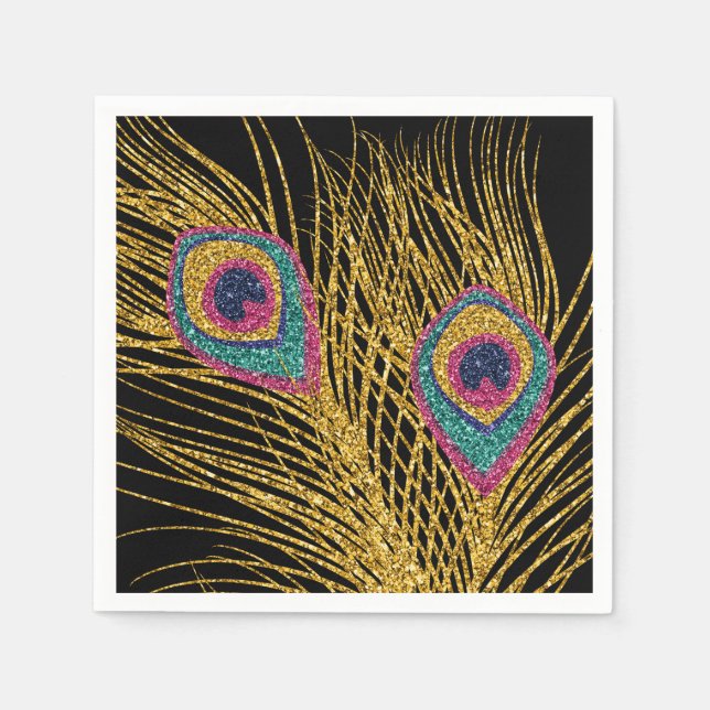 Serviette En Papier Faux Parties scintillant Gold Peacock Feathers (Devant)