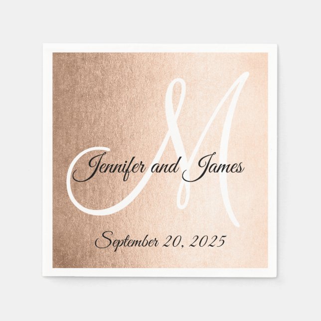 Serviette En Papier Faux Rose Gold Elegant Noms de Monogramme Mariage (Devant)