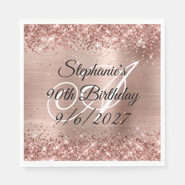 Serviette En Papier Faux Rose Gold Parties scintillant et Foil 90e ann (Devant)