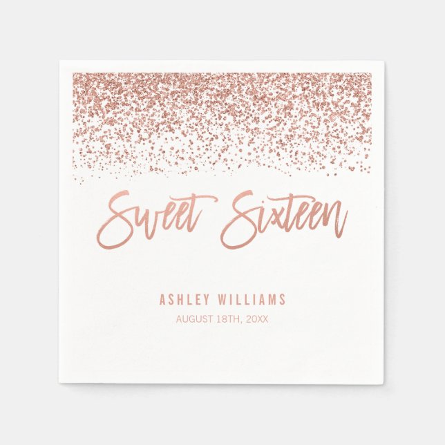 Serviette En Papier Faux Rose Gold Parties scintillant Sweet 16 Annive (Devant)