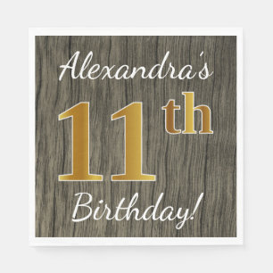 Serviette En Papier Faux Wood, Faux Gold 11e anniversaire + Nom person
