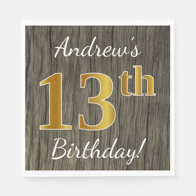Serviette En Papier Faux Wood, Faux Gold 13e anniversaire + Nom person (Devant)