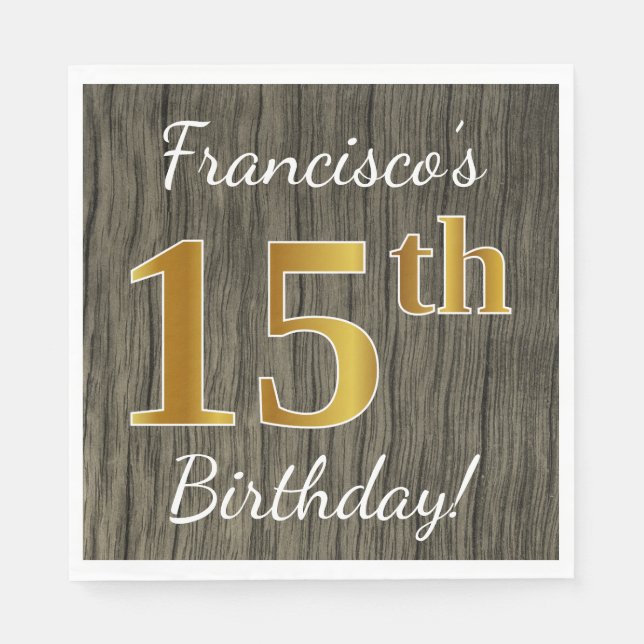 Serviette En Papier Faux Wood, Faux Gold 15e anniversaire + Nom person (Devant)