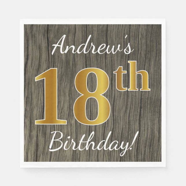 Serviette En Papier Faux Wood, Faux Gold 18e anniversaire + Nom person (Devant)