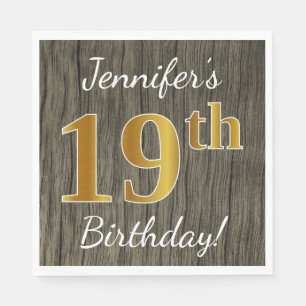 Serviette En Papier Faux Wood, Faux Gold 19e anniversaire + Nom person