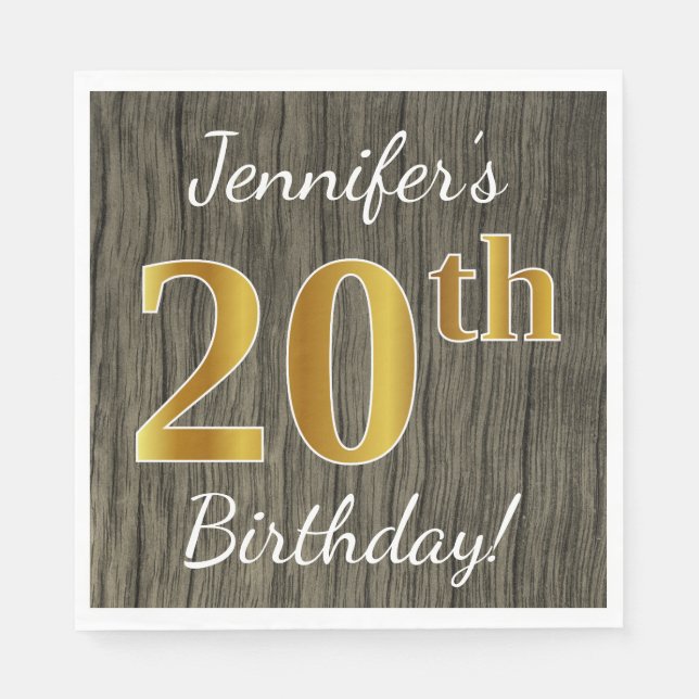 Serviette En Papier Faux Wood, Faux Gold 20e anniversaire + Nom person (Devant)