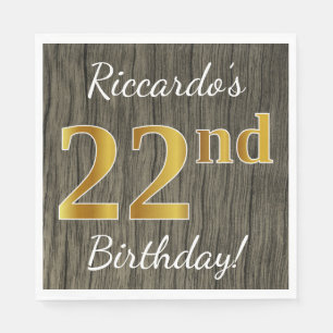Serviette En Papier Faux Wood, Faux Gold 22e anniversaire + Nom person