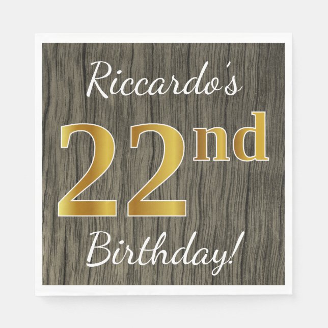 Serviette En Papier Faux Wood, Faux Gold 22e anniversaire + Nom person (Devant)