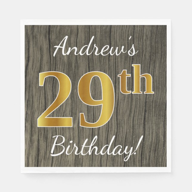 Serviette En Papier Faux Wood, Faux Gold 29e anniversaire + Nom person (Devant)