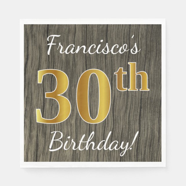 Serviette En Papier Faux Wood, Faux Gold 30e anniversaire + Nom person (Devant)