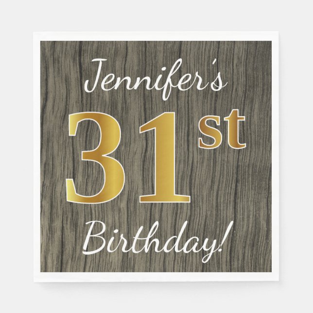 Serviette En Papier Faux Wood, Faux Gold 31e anniversaire + Nom person (Devant)