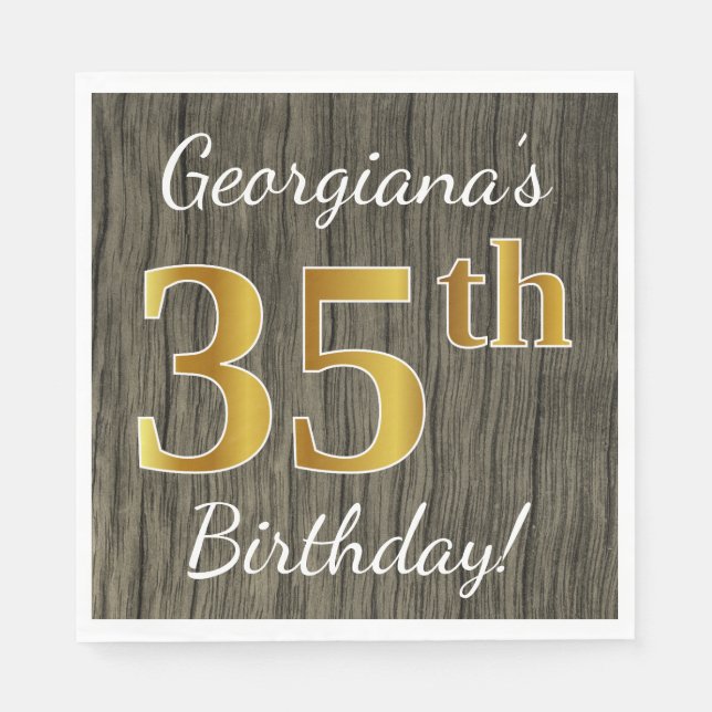 Serviette En Papier Faux Wood, Faux Gold 35e anniversaire + Nom person (Devant)