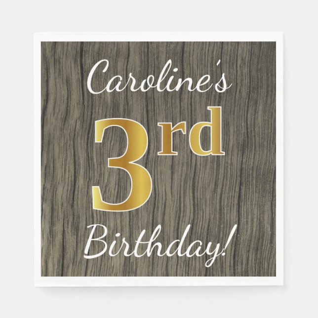 Serviette En Papier Faux Wood, Faux Gold 3e anniversaire + Nom personn (Devant)