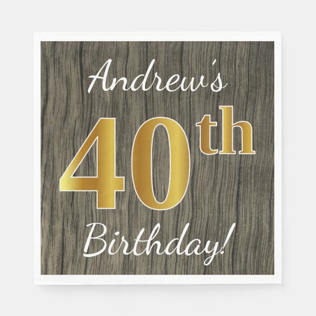 Serviette En Papier Faux Wood, Faux Gold 40e anniversaire + Nom person (Devant)