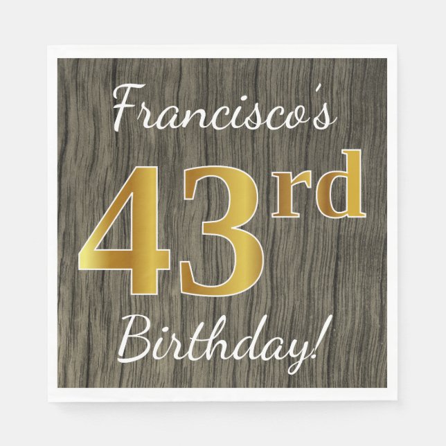 Serviette En Papier Faux Wood, Faux Gold 43e anniversaire + Nom person (Devant)