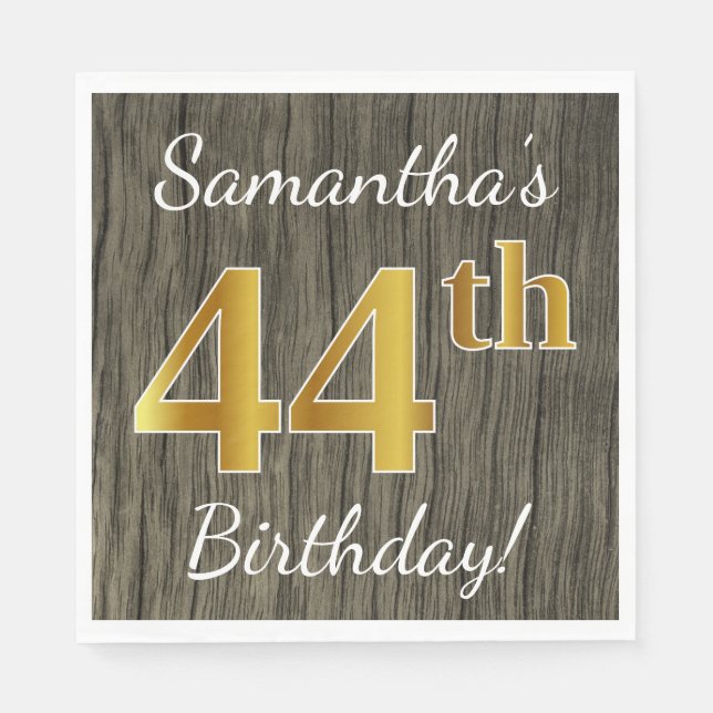 Serviette En Papier Faux Wood, Faux Gold 44e anniversaire + Nom person (Devant)
