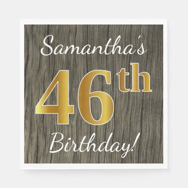 Serviette En Papier Faux Wood, Faux Gold 46e anniversaire + Nom person (Devant)