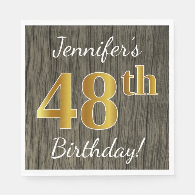 Serviette En Papier Faux Wood, Faux Gold 48e anniversaire + Nom person (Devant)