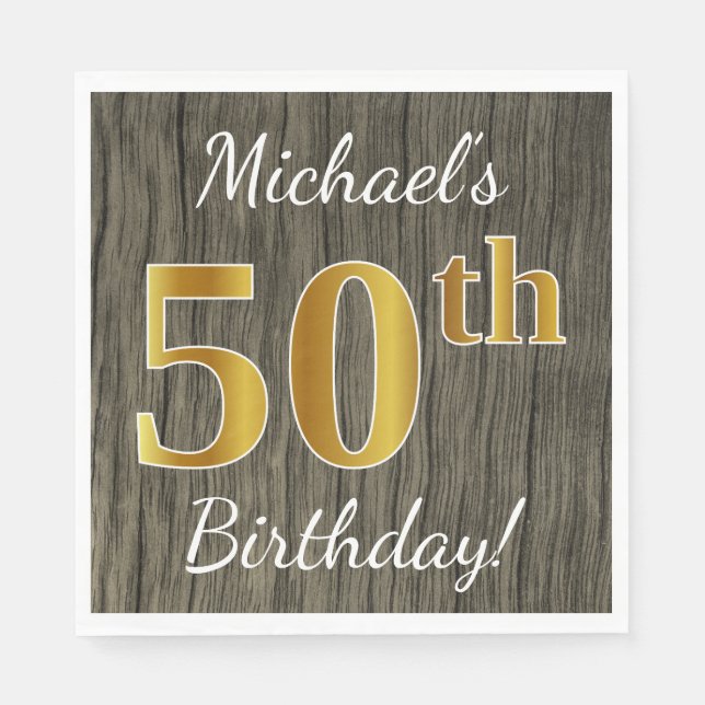 Serviette En Papier Faux Wood, Faux Gold 50e anniversaire + Nom person (Devant)