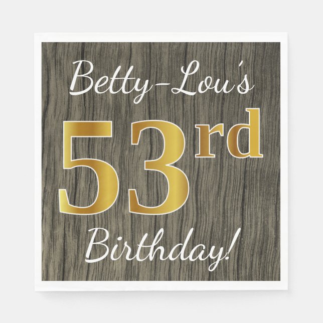 Serviette En Papier Faux Wood, Faux Gold 53e anniversaire + Nom person (Devant)