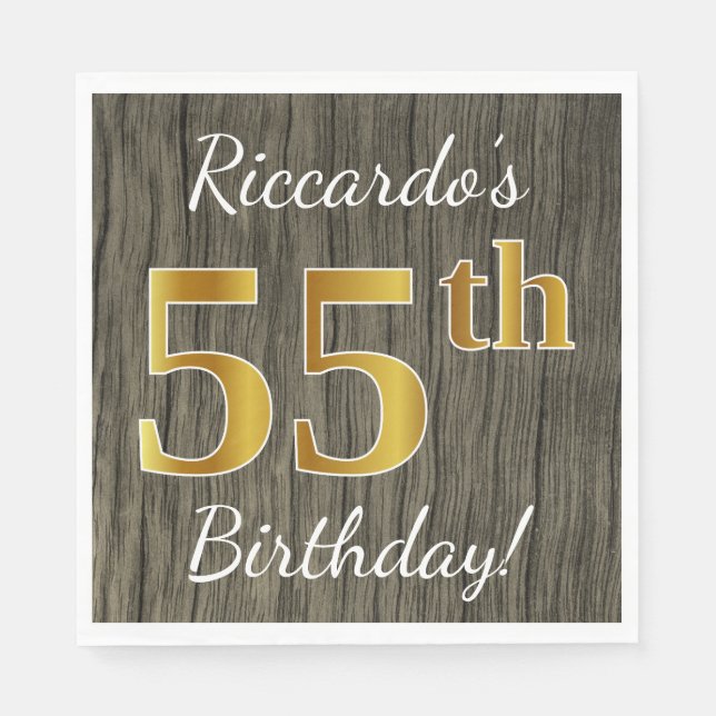 Serviette En Papier Faux Wood, Faux Gold 55e anniversaire + Nom person (Devant)