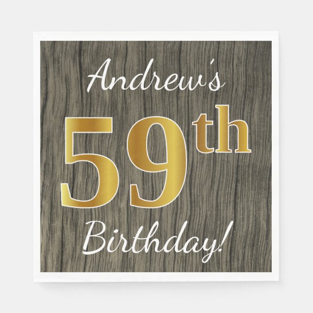 Serviette En Papier Faux Wood, Faux Gold 59e anniversaire + Nom person (Devant)