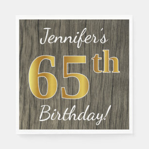 Serviette En Papier Faux Wood, Faux Gold 65e anniversaire + Nom person