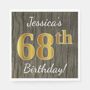 Serviette En Papier Faux Wood, Faux Gold 68e anniversaire + Nom person