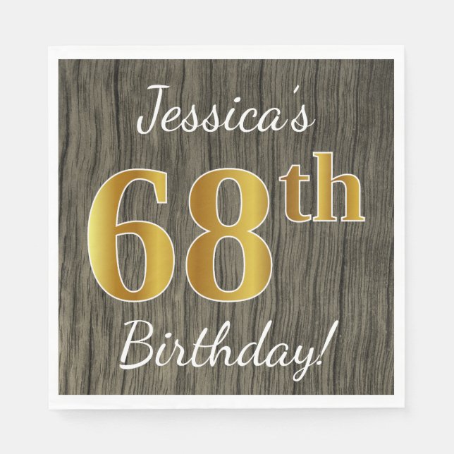 Serviette En Papier Faux Wood, Faux Gold 68e anniversaire + Nom person (Devant)