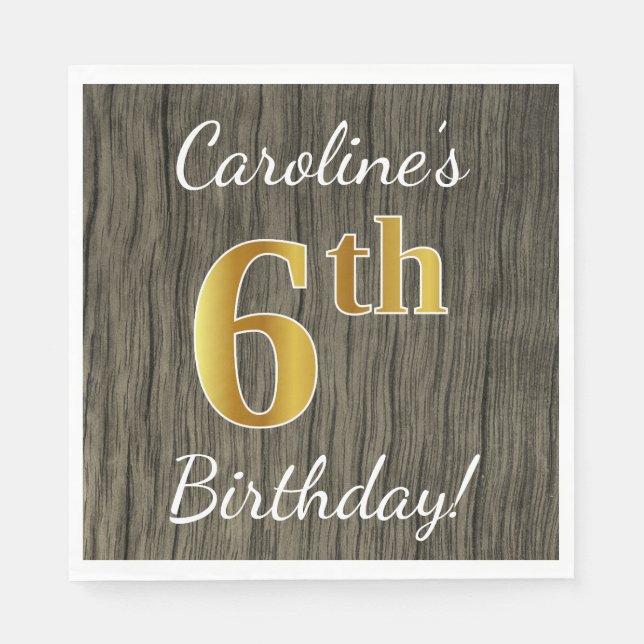 Serviette En Papier Faux Wood, Faux Gold 6e anniversaire + Nom personn (Devant)