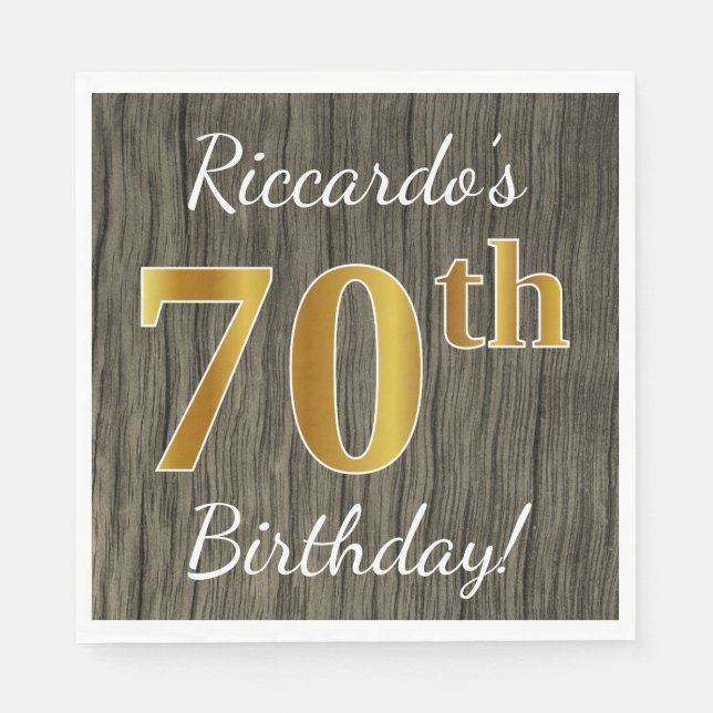 Serviette En Papier Faux Wood, Faux Gold 70e anniversaire + Nom person (Devant)