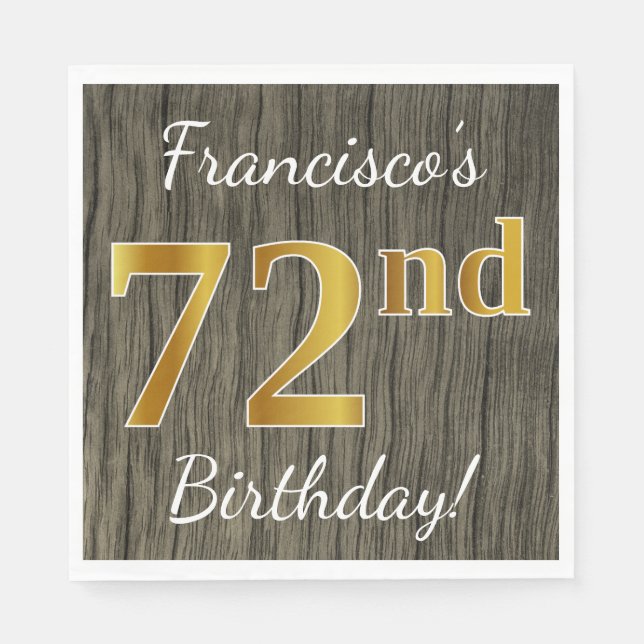 Serviette En Papier Faux Wood, Faux Gold 72e anniversaire + Nom person (Devant)