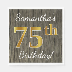 Serviette En Papier Faux Wood, Faux Gold 75e anniversaire + Nom person