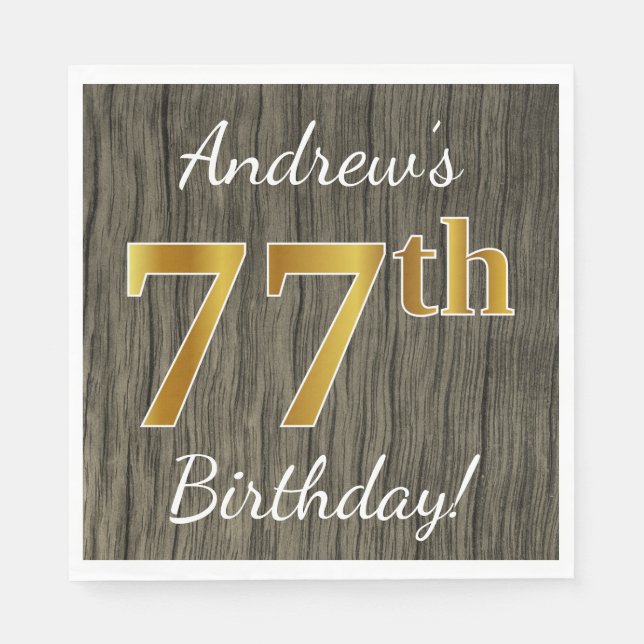 Serviette En Papier Faux Wood, Faux Gold 77e anniversaire + Nom person (Devant)