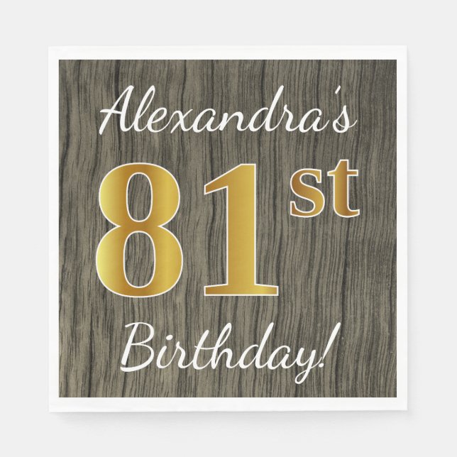Serviette En Papier Faux Wood, Faux Gold 81e anniversaire + Nom person (Devant)