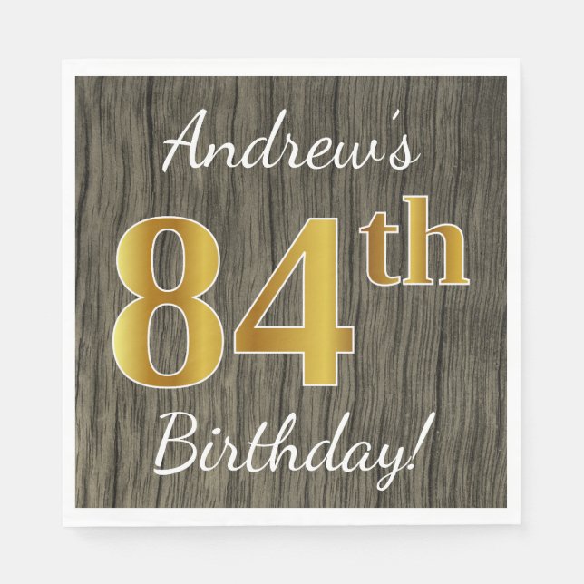 Serviette En Papier Faux Wood, Faux Gold 84e anniversaire + Nom person (Devant)