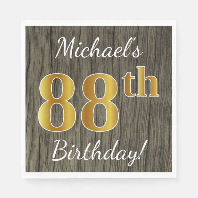 Serviette En Papier Faux Wood, Faux Gold 88e anniversaire + Nom person (Devant)