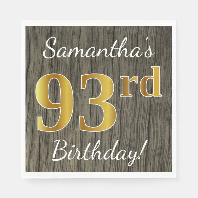 Serviette En Papier Faux Wood, Faux Gold 93e anniversaire + Nom person (Devant)