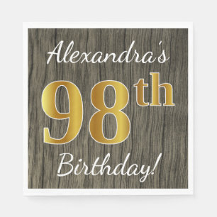 Serviette En Papier Faux Wood, Faux Gold 98e anniversaire + Nom person