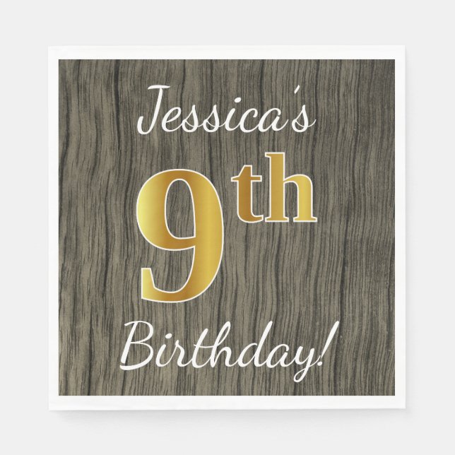 Serviette En Papier Faux Wood, Faux Gold 9e Anniversaire + Nom personn (Devant)