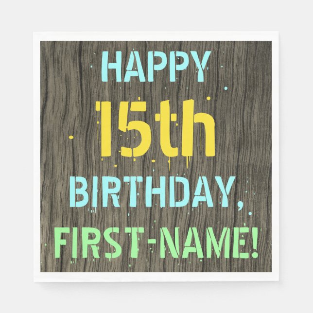 Serviette En Papier Faux Wood, Peint Texte Look, 15e anniversaire + No (Devant)