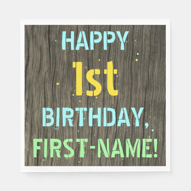 Serviette En Papier Faux Wood, Peint Texte Look, 1er Anniversaire + No (Devant)