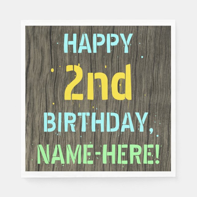 Serviette En Papier Faux Wood, Peint Texte Look, 2e anniversaire + Nom (Devant)