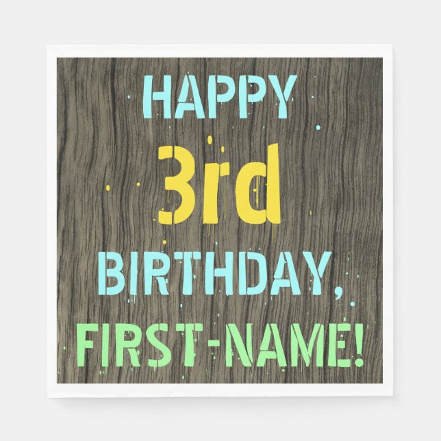 Serviette En Papier Faux Wood, Peint Texte Look, 3e anniversaire + nom (Devant)